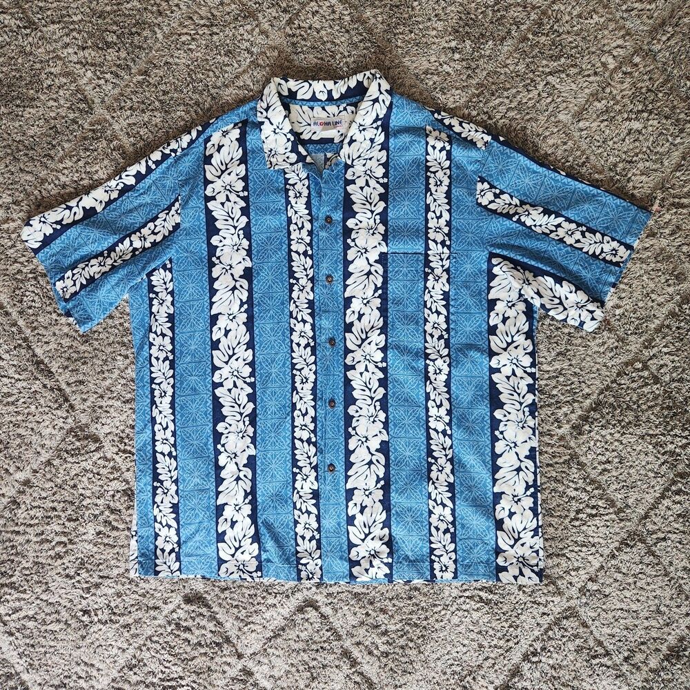 Aloha Line XXL Blue & White Hibiscus Flower Hawaiian Button-Down Shirt Cotton
